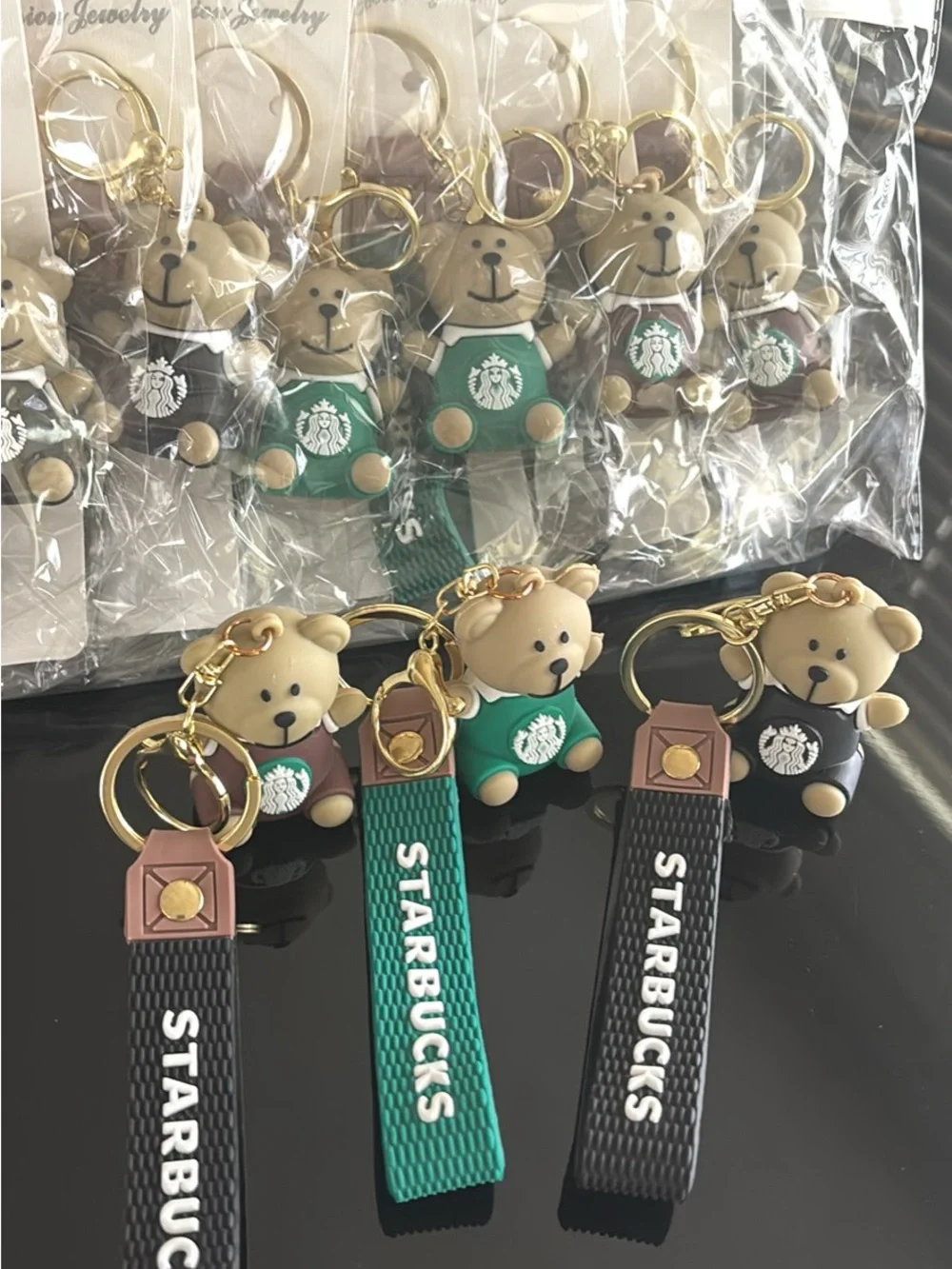 🤎💚 Starbucks Green, Black and Brown Bear Keychain bundle w/ Gold Hardware 💚🤎